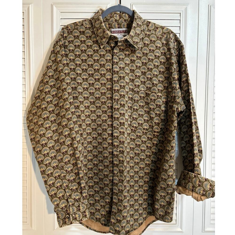 RINNOVATO VTG Mens L Hand Block Printed 100% Organic Cotton Button Up